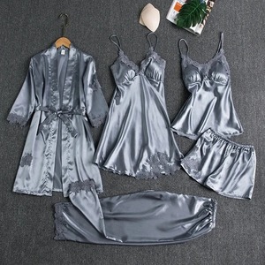 Women's Elegant Summer Ice Silk Long Sleeve Sleepwear V-Neck Bath Robe Included Five-Piece Set in Plus Size Front Logo - Product Image 3