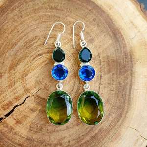 Boucles d'oreilles en tourmaline bicolore multi-pierres, plaquées argent, boucles d'oreilles en cristal, bijoux bohèmes faits à la main, cadeau pour elle - Product Image 5