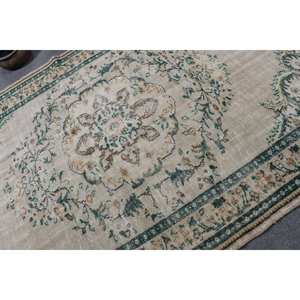 <b>Vintage</b> Classic Turkish Rug Beige Green Patchwork Wool with Latex Backing Handmade 6x9ft Rectangular Side <b>Bed</b> Rugs - Product Image 5