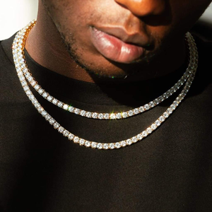 สร้อยคอเงินแท้ชุบทอง 14K สำหรับผู้ชาย ประดับเพชรทรงกลมเจียระไนแบบบริลเลียนท์ สไตล์ฮิปฮอป - Product Image 1