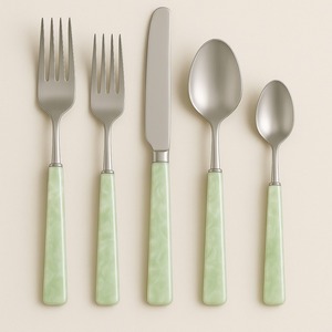 New mirrored steel flatware set plain green resin handle cutlery 5 pcs stainless steel tableware spoon <b>fork</b> <b>knife</b> elegant dining - Product Image 6
