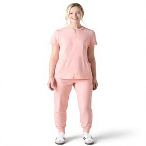 Ensemble de blouses et pantalons unisexe rose pour médecins, manches courtes, uniforme d'hôpital en tissu Spandex, avec détection d'aiguilles et thermocollage sans couture inclus - Product Image 1