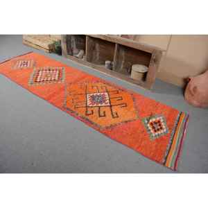 Alfombra turca Vintage naranja étnica 2,9X10,5 pies respaldo clásico de látex de lana de área grande para decoración para sala de estar patrón de retazos - Product Image 3