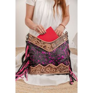 LW Venta caliente pelo en metálico occidental mano Tooled cuero bandolera flecos bolso personalizado cuero de vaca genuino monedero para mujer - Product Image 6