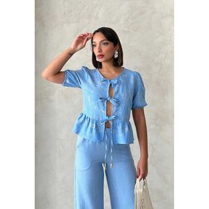 Blusa Tejida Bordada con Lazo Delantero en Azul Claro para Mujer, Marca TOPSHOW, en Mezcla de Algodón y Poliéster para Venta al Por Mayor - Tallas S, M, L - Product Image 1