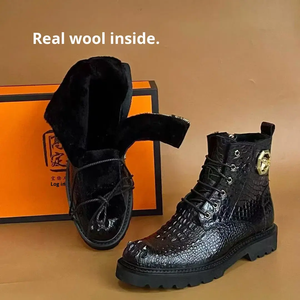 Bottines en cuir à motif crocodile de luxe pour hommes, doublées de laine chaude, bottes de travail d'hiver - Product Image 3