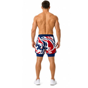 Short de bain décontracté pour homme à motif rouge, blanc et bleu, séchage rapide, avec cordon de serrage, longueur courte, taille mi-haute, en polyester - Product Image 5
