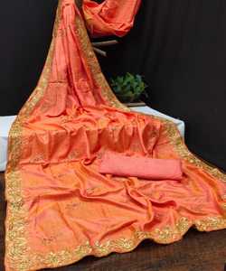 Ropa de fiesta Trabajo de bordado pesado Sari con pieza de blusa mate Mujeres indias Use Sari Precio bajo Venta al por mayor Ropa Surat - Product Image 5