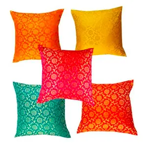 Vibrant Brocade Silk Set of 5 Decorative Cushion Covers 16x16 Inches Sofa Cushion Cover Diwali Christmas Gifts Decorative Cover