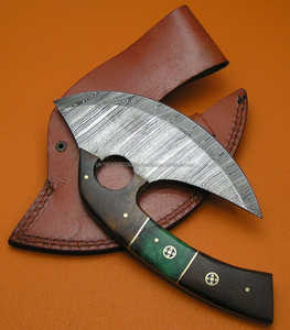 Traditional Full Tang Multi-Purpose Damascus Pizza Cutter <b>Axe</b> Utility Meat <b>Chopping</b> Knife with Wood Aluminium Leather Sheath - Product Image 1