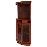Meuble en bois de teck massif de style antique, bar à vin d'angle avec portes vitrées, quincaillerie en fer et porte-bouteilles fixe