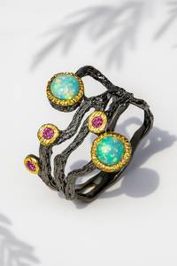 Anillo de Plata de Ley con Ópalo de Fuego, Diseño de Rama, Rodio, Joyería de Lujo para Boda, Uso Diario Elegante, Inspirado en la Naturaleza, Clásico Atemporal - Product Image 3