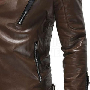 Veste en cuir PU marron pour homme, coupe ajustée, col rabattu, fermeture éclair, manches classiques, style automne - Product Image 5
