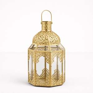 Premium Gold Metal Lantern with Glass Panels <b>Moroccan</b> Cut Design Elegant Candle Holder for Luxury Festive Home <b>Decor</b> - Product Image 4