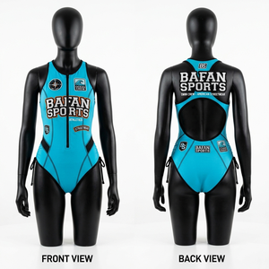 Traje de baño deportivo de una pieza para mujer, en azul, con tela de nailon y spandex de primera calidad, detalles en los paneles laterales y logotipo con transferencia térmica. - Product Image 5