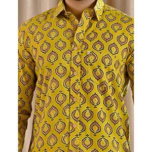 Chemise décontractée en popeline de coton jaune pour homme, respirante, taille XL, à manches courtes et sans col, 100 % coton imprimé - Product Image 2