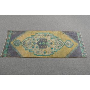 1.8x4.9 ft Turkish Vintage Rug, Small Rug, <b>Yellow</b> Blue Floral <b>Wool</b> Rug - Product Image 3