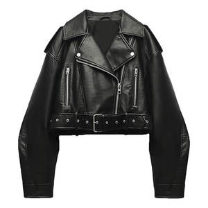 Veste courte en similicuir pour femme, col à revers, fermeture éclair, style motard, avec ceinture, élégante, pour un look décontracté et urbain - Product Image 1