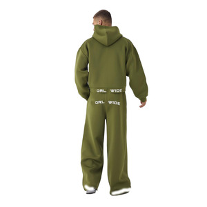 Olive <b>Green</b> Wide-Leg <b>Men's</b> Tracksuit Set Zipper Hoodie Bold Waist Branding Heavyweight Streetwear Relaxed Fit Premium Design - Product Image 2