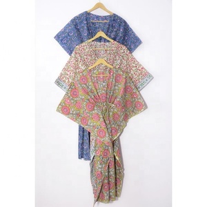 Robes Kaftan en coton tissé écologique faites à la main en Inde, imprimées de fleurs, robes décontractées pour femmes, longueur genoux, taille unique, taille naturelle - Product Image 3