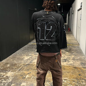 Camiseta Negra de Algodón 100% Personalizada de Fábrica, 300 g/m², Estilo Vintage Lavado, Manga Larga, Talla Grande, con Pedrería, para Hombre - Product Image 4