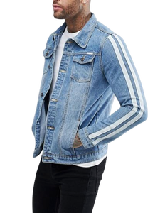 Chaqueta vaquera unisex de manga larga con bordado, servicio personalizado OEM, chaqueta de hombre de color azul lavado con tira de manga - Product Image 3