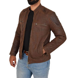 Veste en cuir véritable matelassée avec doublure en viscose, fermeture éclair, marron, coupe-vent, col montant, personnalisable avec logo, pour hommes, vente en gros - Product Image 3