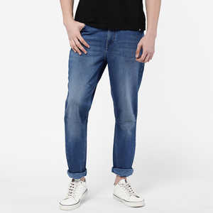 Jeans azules lisos de cintura alta, corte ajustado, diseño personalizado, 100% algodón, suaves y transpirables para hombre - Product Image 1
