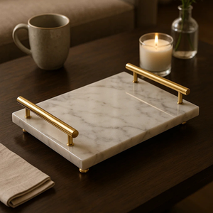 Plateau de service moderne en marbre blanc Poignées en laiton doré Pieds boule Plateau rectangulaire élégant pour la décoration intérieure Rotation jetable - Product Image 4
