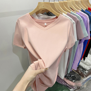 T-shirts de haute qualité pour l'été, logo personnalisé, coton, vêtements décontractés, manches courtes, col en V, chemise unie pour femmes - Product Image 3
