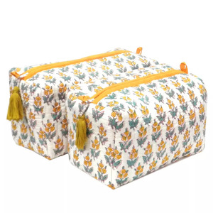 Sac à cosmétiques de haute qualité en coton indien bleu rayé, imprimé à la main, grand format, écologique, durable, style tendance, fermeture éclair - Product Image 3