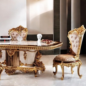 Ensemble de table à manger de luxe royal européen 5 pièces en bois d'acajou avec plateau en marbre et sculptures dorées à la main, design moderne pour appartement et hôtel - Product Image 3