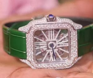 นาฬิกาข้อมือทรงสี่เหลี่ยม สายหนัง สแตนเลส สไตล์ฮิปฮอป สำหรับนักธุรกิจ หน้าปัดกระจก ประดับเพชรโมอิสซาไนต์ พร้อมสายหนัง - Product Image 1