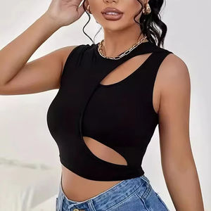 <b>Women's</b> Summer <b>Sexy</b> Crochet Tank <b>Top</b> Hollow Neck Sleeveless Design Printed Street Vest Knitted Crop <b>Top</b> Front Logo Wholesale - Product Image 1