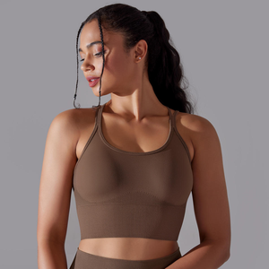 Vente en gros Vêtements de sport logo personnalisé sans couture couleur unie avec dos croisé Soutien-gorge et gilet Ensemble de yoga Ensemble de course à pied Ensemble de fitness deux pièces pour femmes - Product Image 4