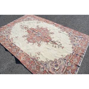 Vintage Turkish Rug Classic Red <b>White</b> 6.2 X 9.1ft Large Area <b>Wool</b> Latex Patchwork for Hallway Room Abstract Design for Teens - Product Image 2