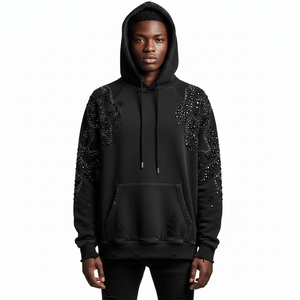Hoodie surdimensionné personnalisé de haute qualité pour homme, effet vieilli, fermeture éclair, délavé à l'acide, streetwear en laine, brodé de strass, 100% coton - Product Image 6