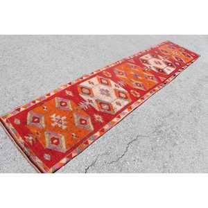Tapis vintage Herki, tapis turc 2,5x11,7 pieds, tapis en laine camouflage rouge - Product Image 2