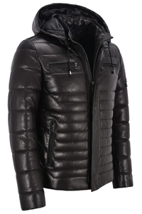 Chaqueta de motorista completamente acolchada con capucha de piel de cordero auténtica para hombre - Product Image 2