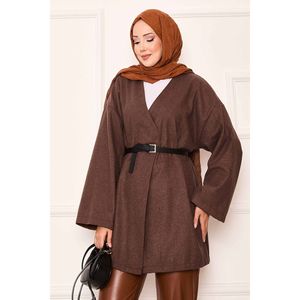 Elegante Abrigo de Cachemira Color Café para Mujer, Estilo Blazer de Lujo, con Cuello de Piel, Gabardina Larga de Tela Tejida, Talla XL, Estampado - Product Image 2
