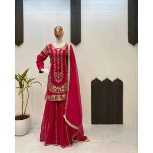 DESIGNER WEAR SARARA SUIT <b>THREE</b> PIECE SEQUENCE EMBROIDERY WORK GEORGETTE INNER MICRO WORK Traditional Women Party Wear All - Product Image 1