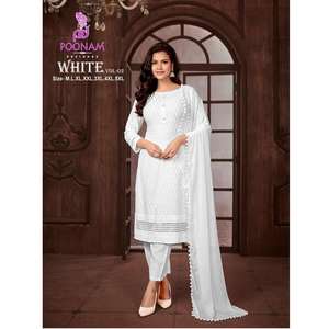 Latest Style Indian Look Pure Rayon Chikankari <b>Kurti</b> With Cotton Slub Pant & Nazneen Dupatta for Girls Wholesale by Export - Product Image 1