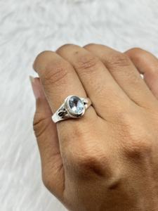 Bague en argent bohème faite à la main avec aigue-marine naturelle pierre ovale diamant bague de mariage pour elle - Product Image 2