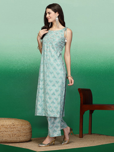 Exclusivos conjuntos de Kurti y Palazzo para mujer, listos para usar, con estampado digital de olivas, bordados con hilo de rayón, de corte recto. - Product Image 2