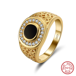 RINNTIN NMR09 Punk Hollow oyma altın kaplama yüzük 4A CZ S925 gümüş siyah <span class=keywords><strong>Gem</strong></span> oniks akik yüzük ile erkekler için siyah akik