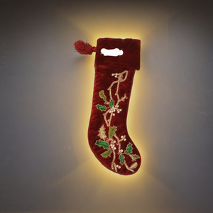 Velvet with Crystal <b>Beads</b> Red Christmas Stocking Green Holly & Pearl <b>Bead</b> Embroidery Handmade Festive Holiday Decoration - Product Image 4