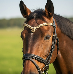 Bandeau de tête de cheval en cuir noir de luxe avec feuille de cristal champagne en forme de V |   Accessoire de bride équestre haut de gamme - Product Image 1
