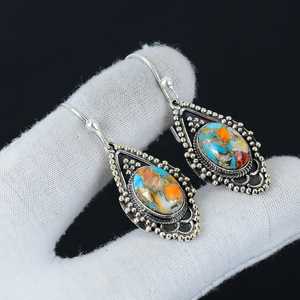 ต่างหูเงินแท้ 925 ประดับด้วยหอยมุก ทองแดง และพลอยสีฟ้ารูปไข่ งานแฮนด์เมด สไตล์โบฮีเมียน ของขวัญสำหรับผู้หญิง - Product Image 4