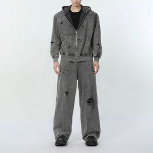 <b>Top</b> Quality Custom <b>Distress</b> Acid Wash Vintage Tracksuits 100% Cotton Hoodies Flare Pants Breathable Streetwear Tracksuits Men's - Product Image 1