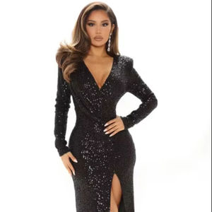 Robes de bal noires élégantes de luxe pour femmes robe de soirée trapèze avec broderie robe à fente complète avec manches longues nouveauté - Product Image 1